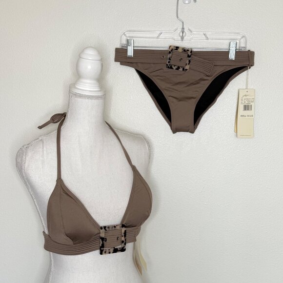 NWT Gottex Womens Cruise Swimsuit Bikini Brown Satin Buckle Beach Swim Sz 8 - Picture 1 of 9
